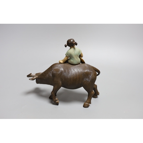 322 - A Chinese Shiwan group of a girl on a buffalo and another,Girl on buffalo 20 cms wide,