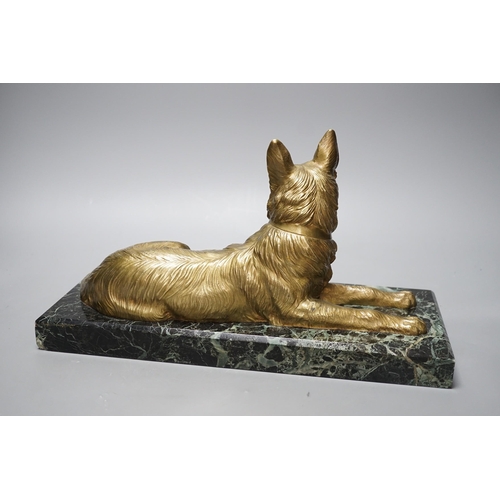 324 - After D H Chiparus, a gilt metal figure of a German Shepherd dog, on marble base,36 cms wide,... 