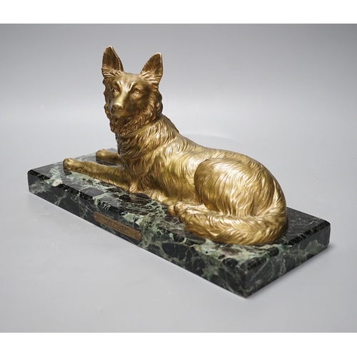 324 - After D H Chiparus, a gilt metal figure of a German Shepherd dog, on marble base,36 cms wide,... 