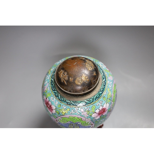 326 - A Chinese Straits enamelled porcelain jar and cover, wood stand,Jar and cover 18 cms high,... 