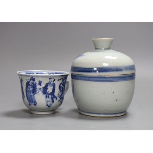 327 - A 19th century blue and white jar with cover and a similar cup,Jar and cover 13 cms high,... 