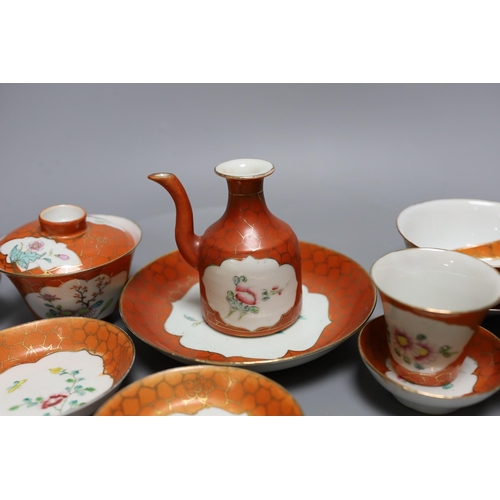 329 - A Chinese Republic coral ground part set,vessel 10.5 cms high,