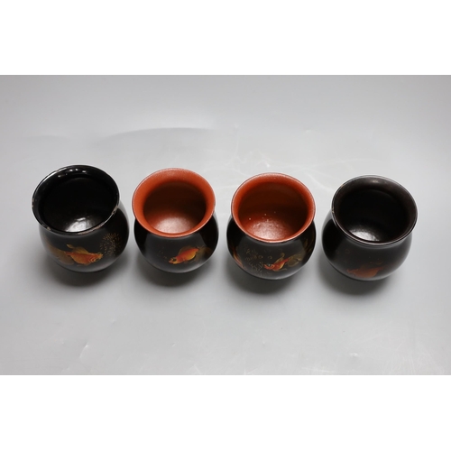 336 - Four Vietnamese lacquer goldfish cups,10 cms high,