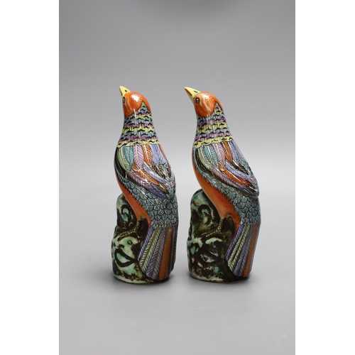 338 - A pair of Chinese Republic ceramic birds,19 cms high,