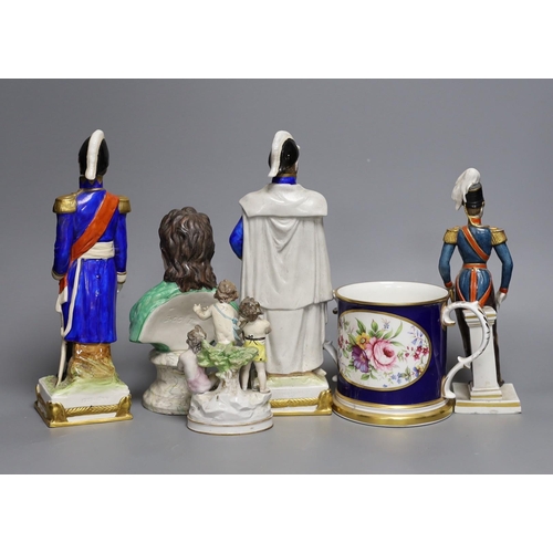 340 - A Staffordshire bust inscribed Locke and three military figures, a two handled tankard and a cherub ... 