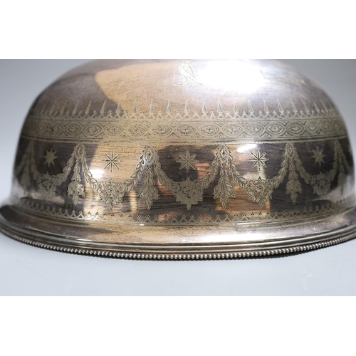 349 - A Victorian silver plated meat dome, 35 cms long,