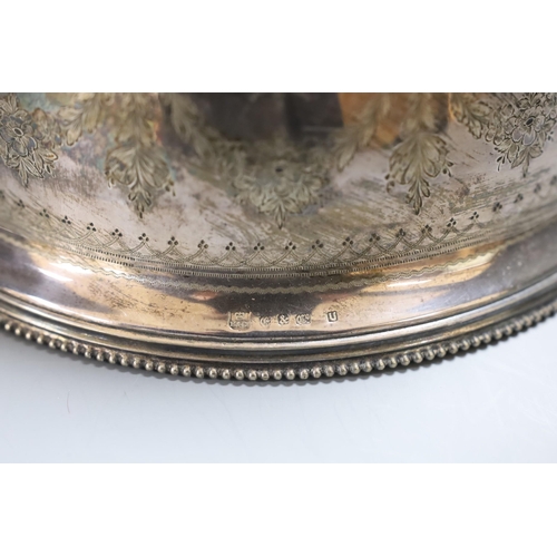 349 - A Victorian silver plated meat dome, 35 cms long,