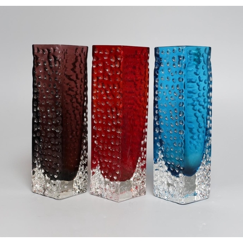 351 - A trio of Whitefriars 'Nailhead' vases, designed by Geoffrey Baxter, kingfisher blue, red and amethy... 