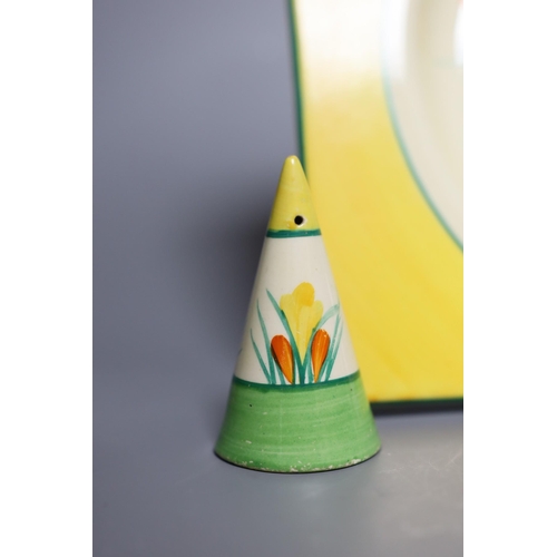 352 - Clarice Cliff Sungleam Crocus, salt and pepper pots. trencher plate, plate 26.5 cms wide,