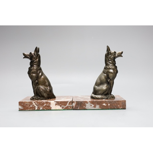 357 - A pair of Art Deco spelter Alsatian book-ends,16 cms high,