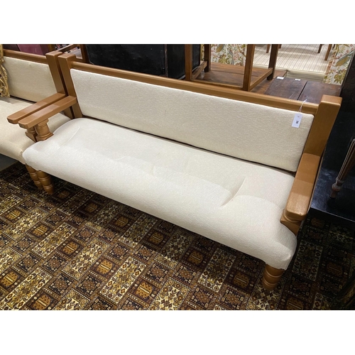 36 - A pair of painted upholstered bench seats, new upholstery, length 186cm, depth 62cm, height 94cm... 