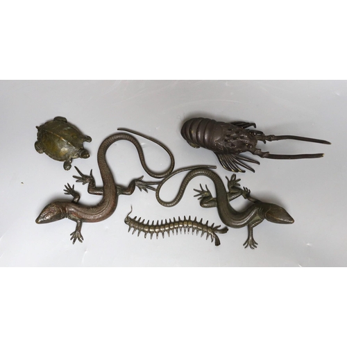 361 - A group of bronze figures of two lizards, a centipede, a tortoise, and a crayfish, latter 16cm wide ... 