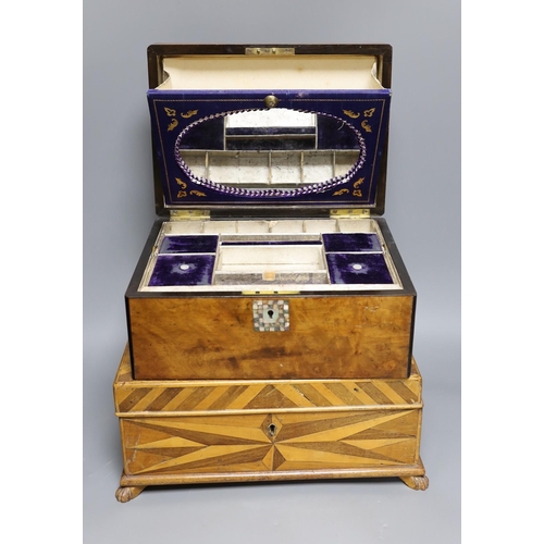 365 - A parquetry inlaid box and a walnut mother of pearl inlaid sewing box, parquetry box 35 cms x 14 cms... 