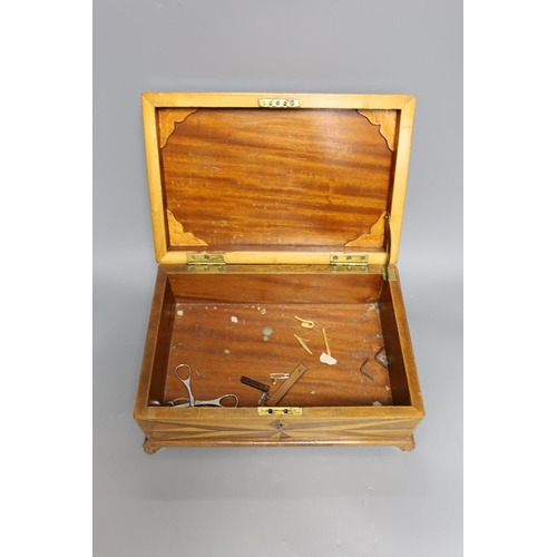 365 - A parquetry inlaid box and a walnut mother of pearl inlaid sewing box, parquetry box 35 cms x 14 cms... 