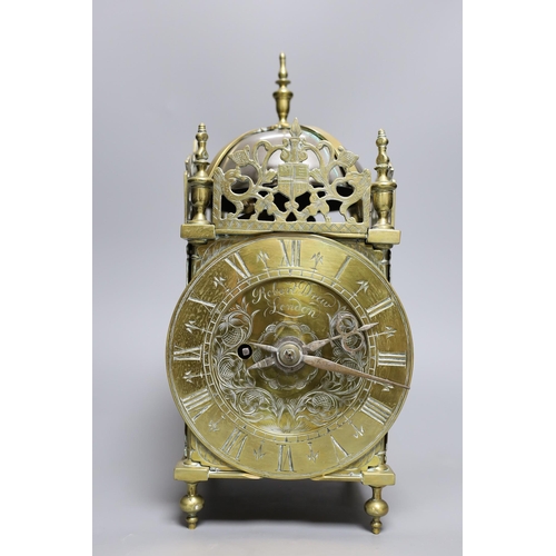 366 - A brass lantern clock, signed Robert Drew, London, single fusee movement,34 cms high,