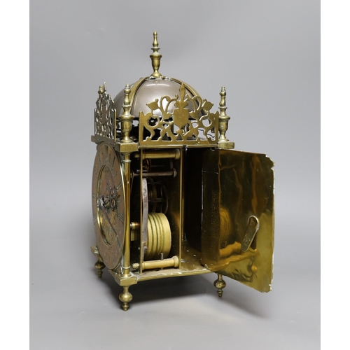 366 - A brass lantern clock, signed Robert Drew, London, single fusee movement,34 cms high,