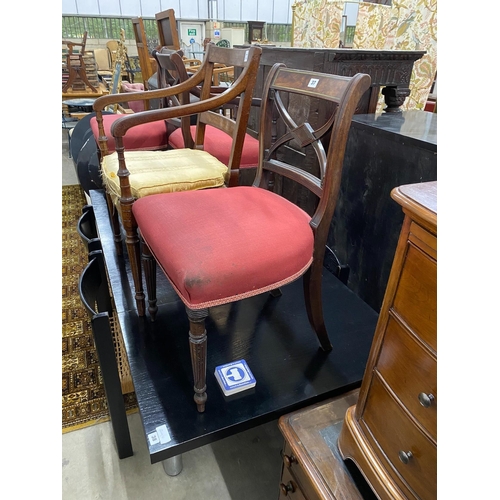 37 - Four Regency brass inlaid mahogany dining chairs one with arms, together with a Regency caned seat e... 