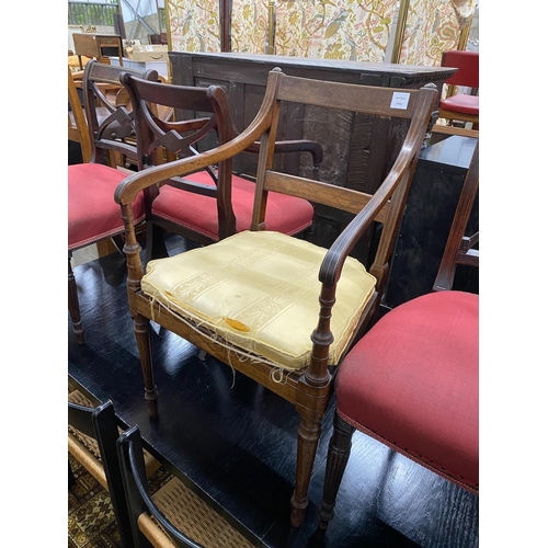 37 - Four Regency brass inlaid mahogany dining chairs one with arms, together with a Regency caned seat e... 