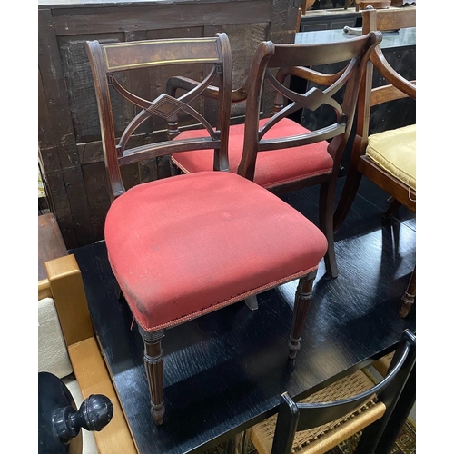 37 - Four Regency brass inlaid mahogany dining chairs one with arms, together with a Regency caned seat e... 