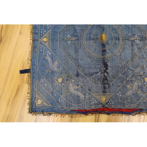 370 - A late 19th century Indian silk and metal thread embroidered panel, approx: 118cms x118 cms,