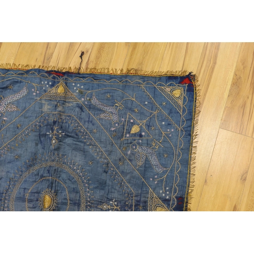 370 - A late 19th century Indian silk and metal thread embroidered panel, approx: 118cms x118 cms,