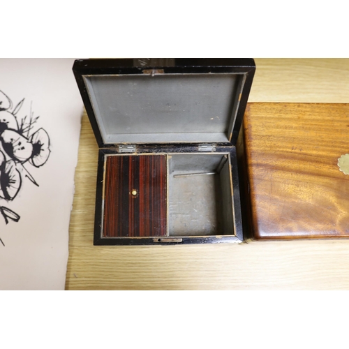 373 - A Victorian mahogany brass bound sewing box, a mother of pearl and silver metal inlaid ebony tea cad... 