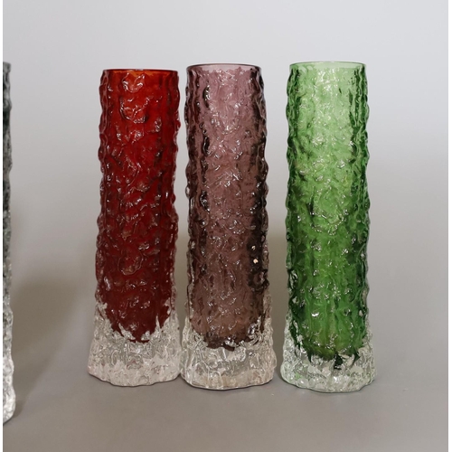 374 - A group of eight  Whitefriars 'bark' vases designed by Geoffrey Baxter, various colours, two 15cm hi... 