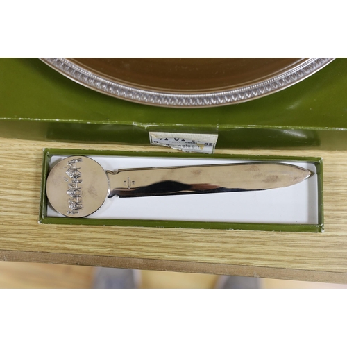 375 - A boxed French Cristofle plated salver  a boxed paper knife, dish and rose bowl, salver 35 cms diame... 