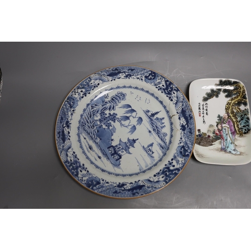 382 - Four 18th / 19th century Chinese plates, and a later dishlargest plate 29 cms diameter,