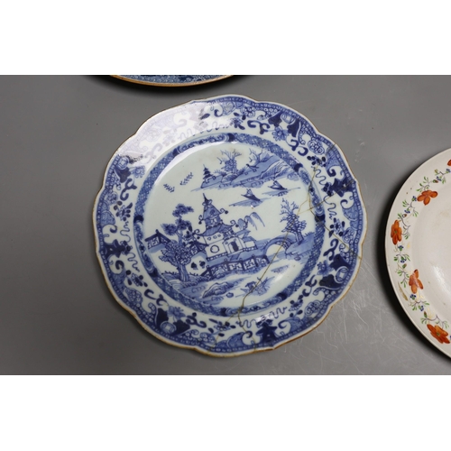 382 - Four 18th / 19th century Chinese plates, and a later dishlargest plate 29 cms diameter,