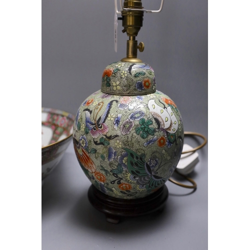 387 - A Chinese famille verte vase converted into a lamp decorated with butterflies amongst botany, togeth... 