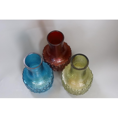 392 - Three Whitefriars cylindrical bottle vases, in red, kingfisher blue and sage green glass (3) each 18... 