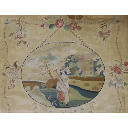 393 - A maple framed George III  silk panel of lady in harvest by Margaret Wilson, 1799inscription verso, ... 