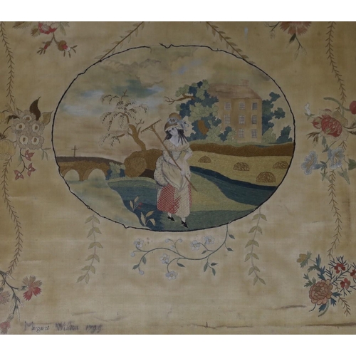 393 - A maple framed George III  silk panel of lady in harvest by Margaret Wilson, 1799inscription verso, ... 