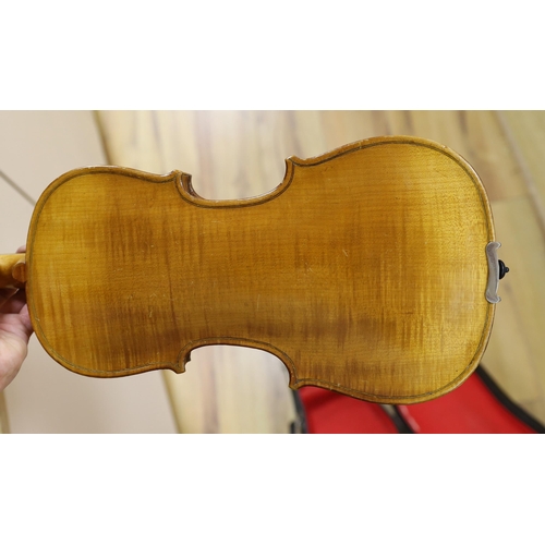 407 - A cased student's violin, length of back 33 cm