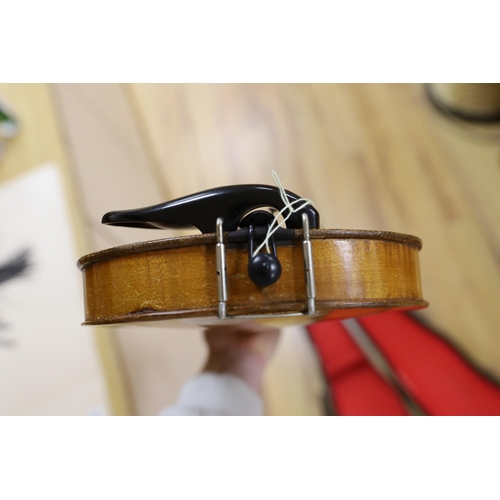 407 - A cased student's violin, length of back 33 cm