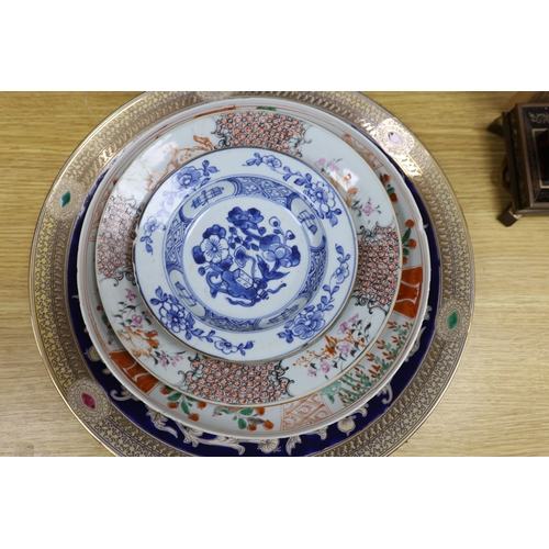 411 - A group of 18th century and later Chinese enamelled and blue and white porcelain dishes and three bo... 