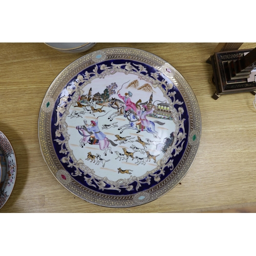 411 - A group of 18th century and later Chinese enamelled and blue and white porcelain dishes and three bo... 