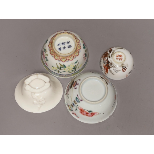 425 - A Chinese Dehua libation cup, eight 18th century and later Chinese porcelain tea bowls and a Kutani ... 