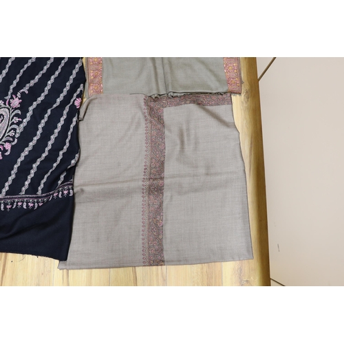 428 - Four Indian wool and cashmere shawls, three silk embroidered,