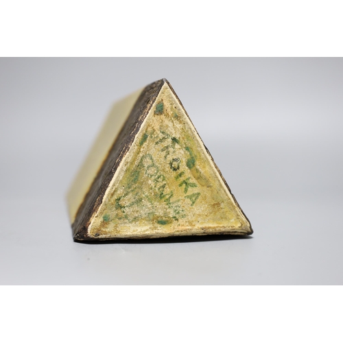 429 - A glazed pottery triangular vase, inscribed Troika England 33cms high,