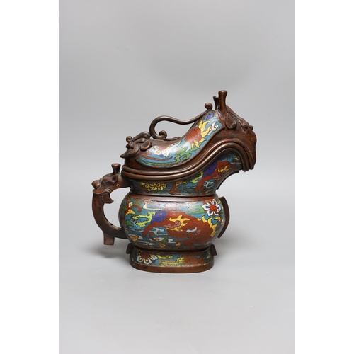 437 - A Japanese champleve enamel and bronze archaistic vessel,26cms high,