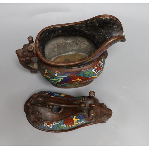 437 - A Japanese champleve enamel and bronze archaistic vessel,26cms high,