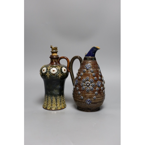 438 - A Doulton Lambeth stoneware decanter and a similar jug, dated 1877, jug 24cms high,