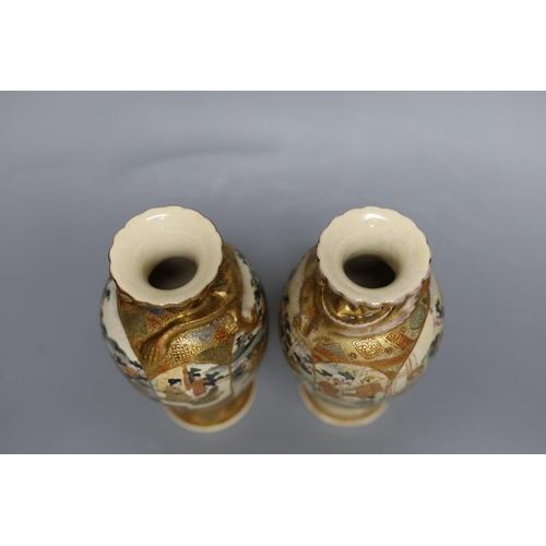 443 - A pair of Japanese Satsuma pottery small vases, Meiji period, 18cms high,