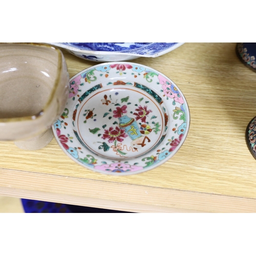 444 - A Chinese Republic period teapot, a famille rose barrel and cover, a famille verte saucer, porcelain... 