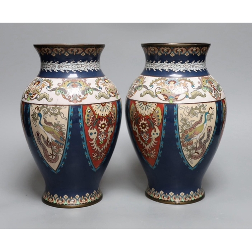 445 - A pair of Japanese cloisonné enamel vases, probably Kyoto, early 20th century,25cms high,... 