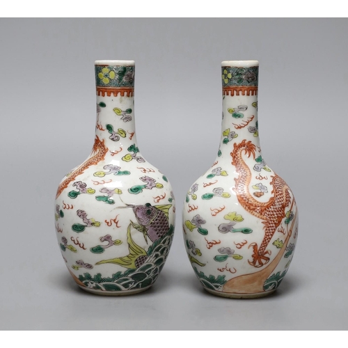 457 - A pair of Chinese enamelled porcelain dragon bottle vases, Kangxi marks probably Guangxu period, 1... 