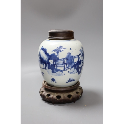 461 - A Chinese blue and white 'boys' jar, 19th century, would cover and stand, total height 24cm high,... 