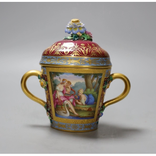 463 - A Vienna style two handled porcelain chocolate cup and cover, c.1900, 13cms high,